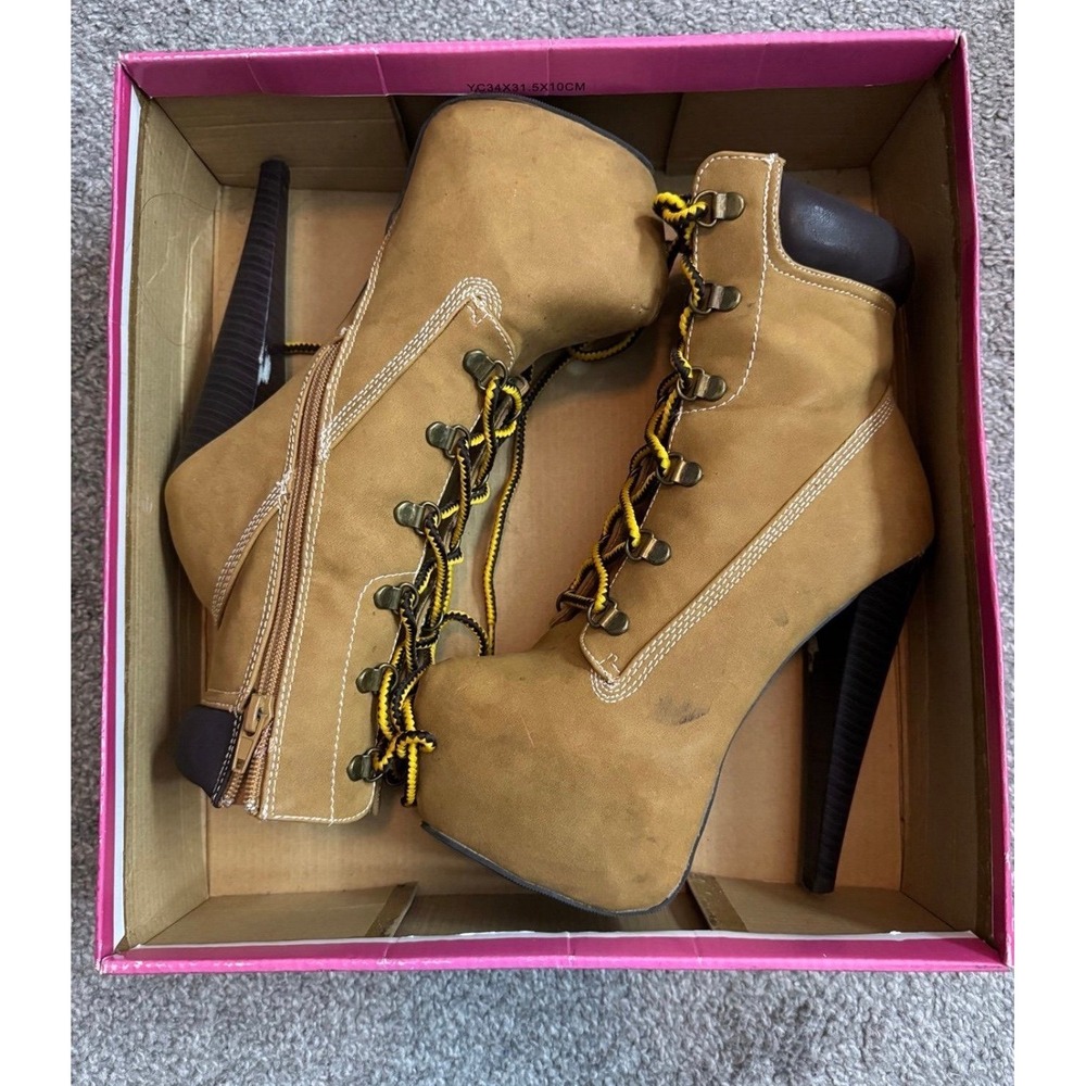 Tan Platform Lace Up Ankle Boots Stiletto High Heel Work Boot Style Size 6